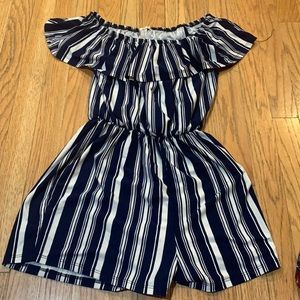Blue and White striped Off the Shoulder Romper